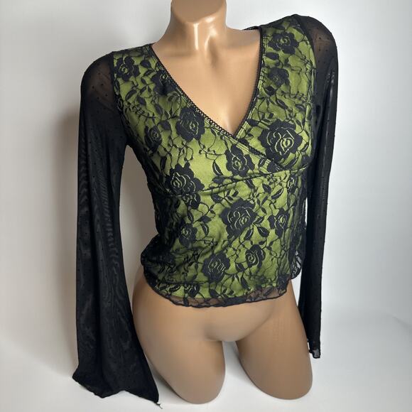 Go Girl Go Tops - Y2K Go Girl Go Lime Green Bell Sleeve Lace Mesh Top Fairy Goth Witchy S